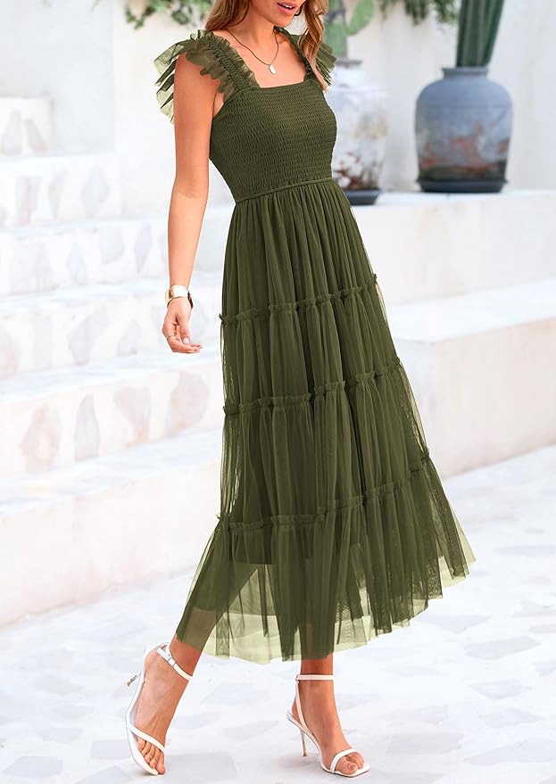 PRETTYGARDEN Women's Summer Tulle Midi Dress Sleeveless Smocked Ruffle Flowy Mesh Dresses Party Wedding Guest Sundress