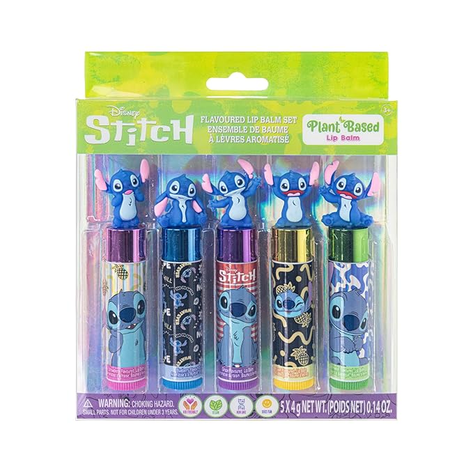 Disney Stitch 5 Pc Plant Based, Moisturizing Lip Balm Makeup Set for Girls Kids Toddlers, Perfect for Parties Sleepovers Makeovers Birthday Gift for Girls 3 Yrs+ by Townley Girl