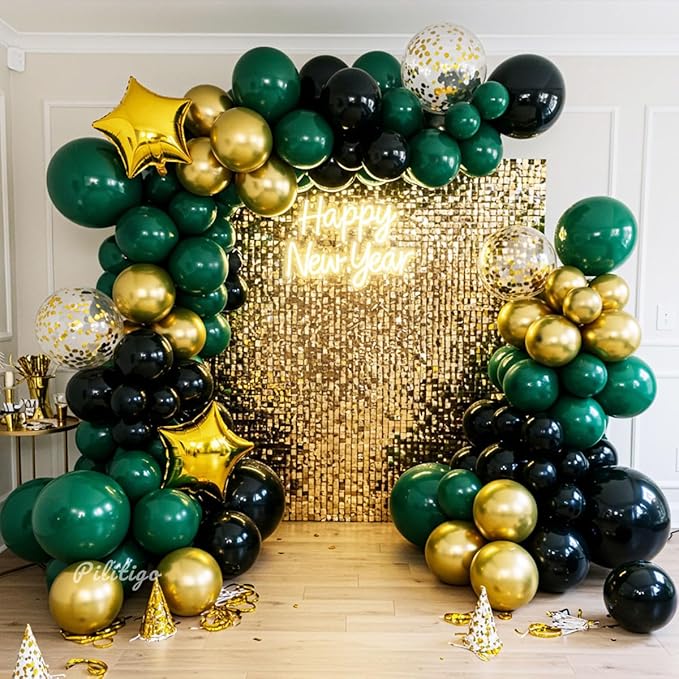 Double Stuffed Dark Green Black Gold Balloon Arch Kit - 104Pcs Emerald Green Balloon Garland with Gold Star Foil Balloons for Graduation 2026, Birthday, Wedding, Baby Shower, Jungle Party Decorations