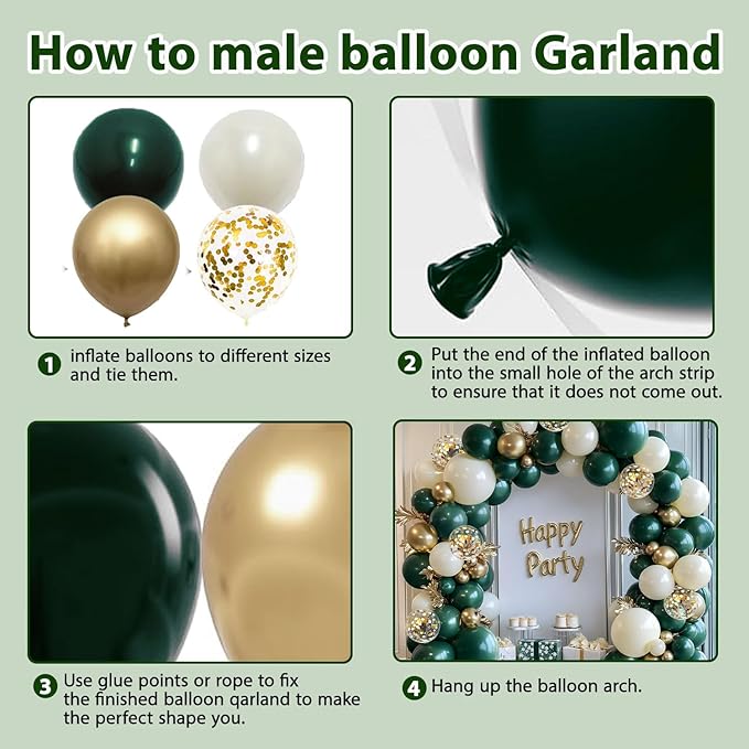 Emerald Green and Gold Balloons Arch Kit, Double Stuffed Dark Hunter Forest Green Pearl Sand White Metallic Gold Balloons for Jungle Wedding Birthday Graduation Party St. Patrick's Day Decorations