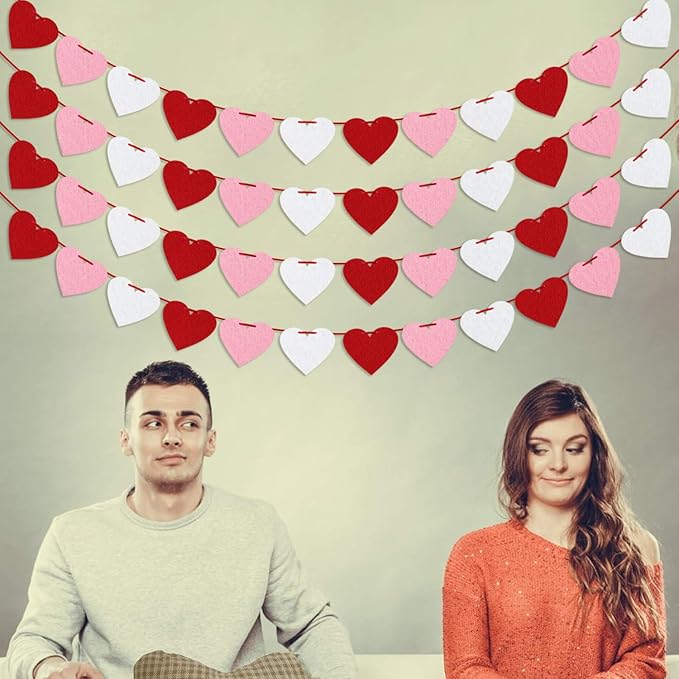 Felt Heart Garland Banner, Pre-Strung | Valentines Decorations | Red Pink White Valentines Banner | Anniversary Wedding Birthday Party Decorations | Outdoor Home Hanging Valentine's Day Decor