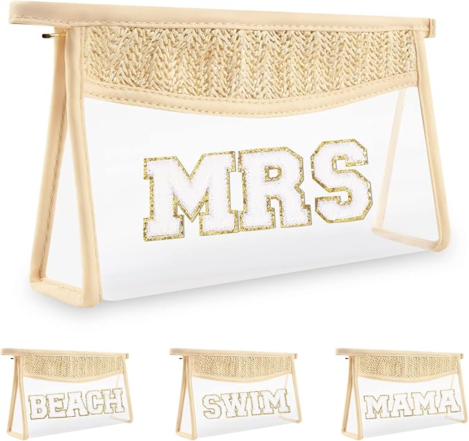 Bride Patch MRS Clear Makeup Letter Bag, Boho Patch Waterproof Zipper Make up Bag Toiletry Pouch for Women Girls, Clear Letter Patch Cosmetic Bags Transparent Organizer Pouch for Travel(MRS, Beige)
