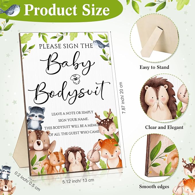 Qunclay 12 Pcs Baby Shower Game Decor with White Unisex Bodysuit Wooden Sign Tabletop Decor and Marker for Guests(Woodland)
