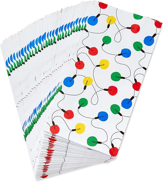 Hallmark Holiday Party Favor and Wrapped Treat Bags (30 Bags: White with Red, Yellow, Blue, Green Christmas Lights) for Christmas, Hanukkah, Classroom Parties, Teacher Gifts, Luminaries, Sack Lunches