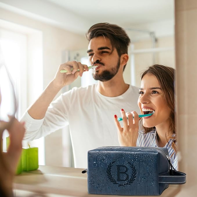 Personalized Gifts Travel Toiletry Bag for Men Engraved Initial PU Leather Waterproof Shaving Bag for Toiletries Accessories Fathers Day Birthday Gift for Men Dad Husband Son, Dark Blue S