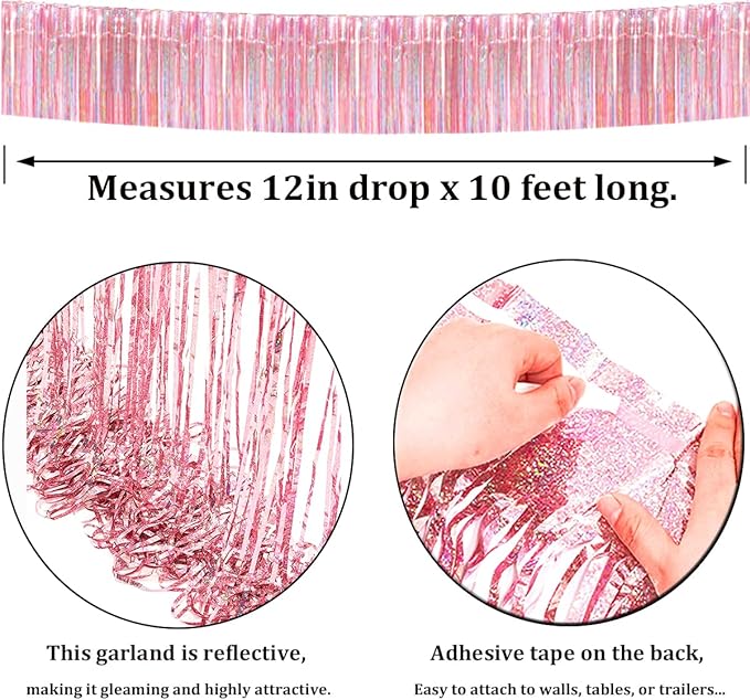 3 Pack Pink Total 30 Feet Foil Fringe Garland Metallic Tinsel Banner Wall Hanging Drapes Parade Float Skirting Decorations for Trailer Mardi Gras Party Birthday Wedding (Iridescent Pink)