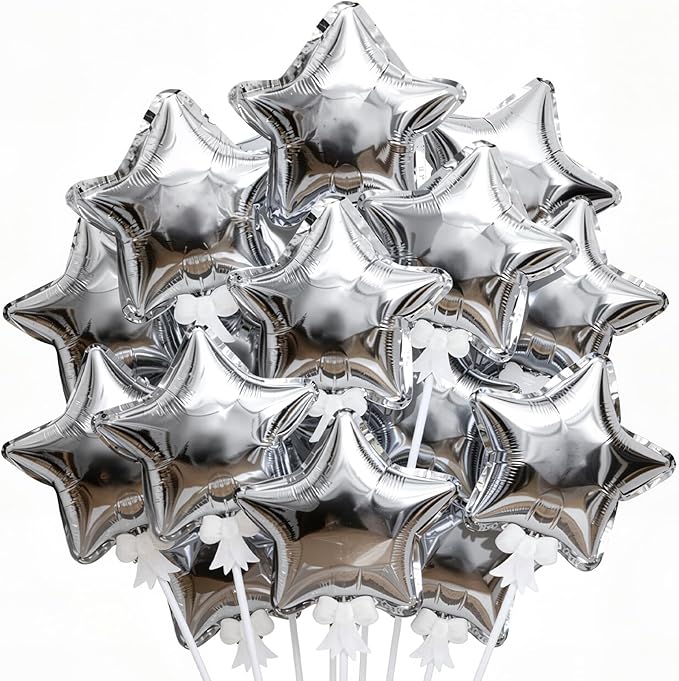 30 Pcs Star Self Inflatable Balloons with Bow Stems Star Foil Balloons Mini Pentagram Decoration for Patriotic Independence Day Graduation Birthday Baby Shower Anniversary(Silver,6 Inches)