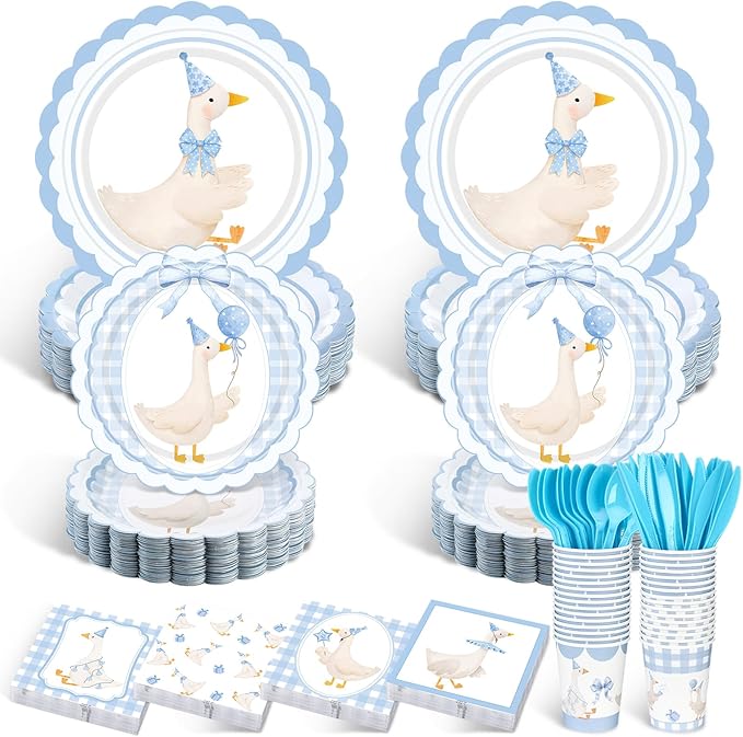 Zhehao 350 Pcs One Silly Goose Birthday Party Tableware Set Blue Scalloped Baby Shower Plates Cup Napkins Forks for Birthday Party Decorations Supplies for 50 Guests