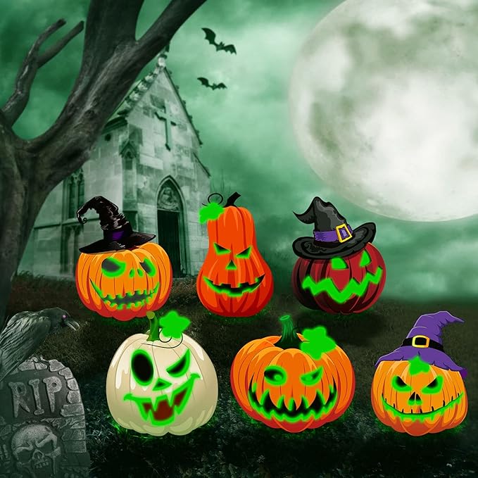 Soaoo 6 Pack 16 Inch Halloween Decoration Outdoor Fluorescence Halloween Pumpkin Yard Signs with Stakes Spooky Faces and Witch's Hat Lawn Signs Scary Front Yard Decor for Holiday Party Decor