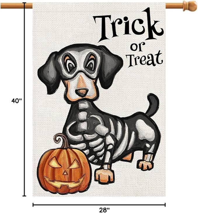 Halloween Trick or Treat House Flag Ghost Dog 28x40 Inch Large Double Sided Burlap Welcome Yard Dachshund Skeleton Outside Decorations DF342-28