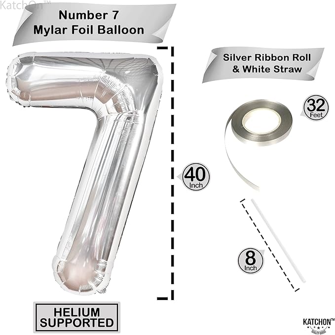 KatchOn, Giant Silver Number 7 Balloon - 40 Inch | 7th Birthday Balloon for 7th Birthday Decorations | 7 Balloons for Birthday | 7 Year Old Balloons for 7 Year Decorations