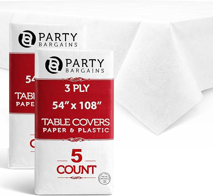 PARTY BARGAINS Disposable Table Covers, 54 x 108 Inch, White, 3-Ply Paper & Plastic Spill-Resistant Party Tablecloths, 10 Pack