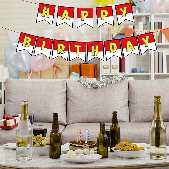 Cartoon Red White Yellow Happy Birthday Party Banner, Ultra-Thick Premium Paper Letter Birthday Garland, Adjustable Spacing Perfect Kid Birthday Hanging Sign Decoration Supplies(No DIY Required)