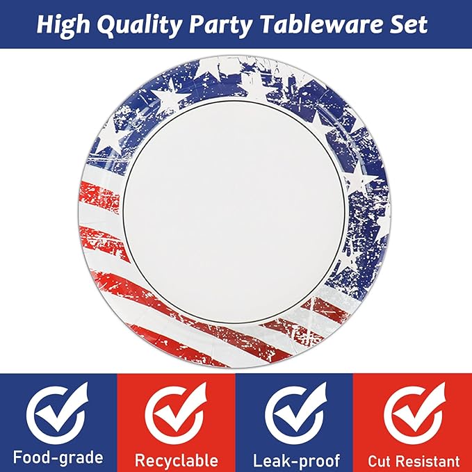 48pcs 4th of July Party Paper Plates 7" Patriotic American Flag Dessert Plate Set Disposable Independence Day Memorial Day Tableware Party Dinnerware Kit Supplies Holidays Birthday Decoration