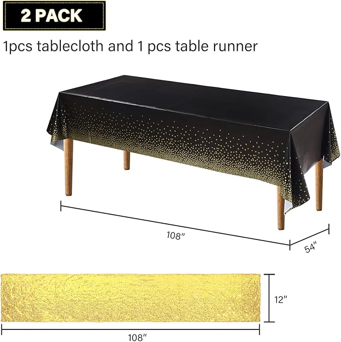 Irenare Tablecloth and Sequin Table Runner Set Polka Dots Confetti Table Cover Dining Plastic Tablecloths Glitter Decorations for Birthday Wedding Anniversary Party Supplies (Black, Gold,2 Pcs)