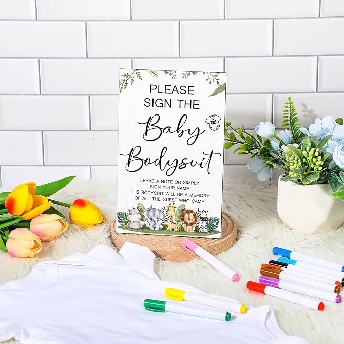 Qunclay 12 Pcs Baby Shower Game Decor with White Unisex Bodysuit Wooden Sign Tabletop Decor and Marker for Guests(Safari)