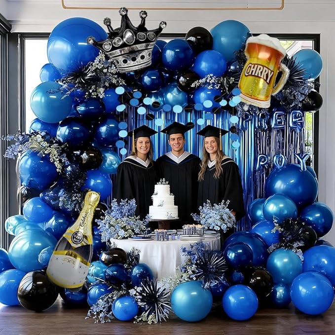 Blue Black Balloon Garland Double Stuffed Dark Royal Navy Blue Balloons Fringe Curtains, Foil Balloons, Birthday Banner Decorations for Men Birthday Baby Shower Father's Day Graduation Party Supplies