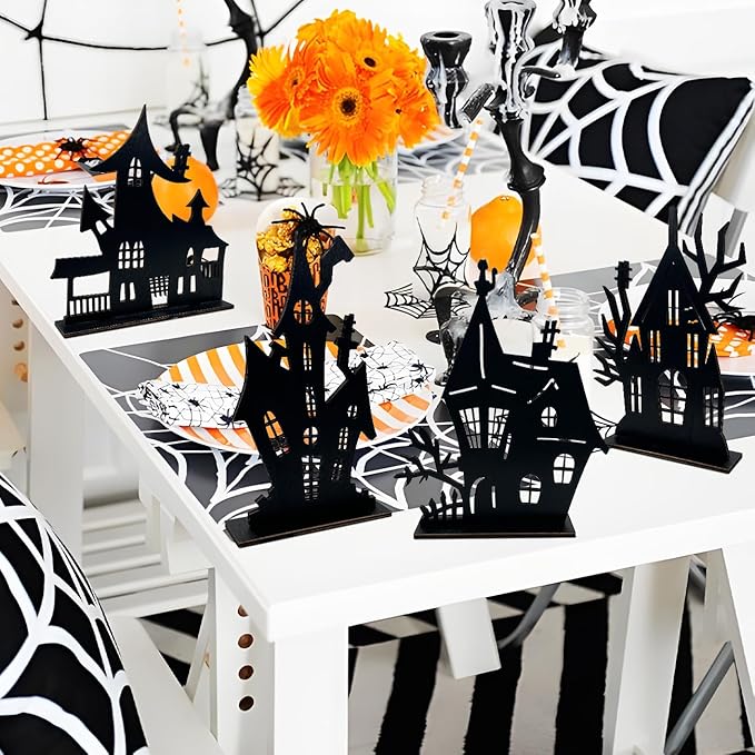Halloween Decorations Indoor - 4 Pcs Halloween Table Decor Haunted House Black Wooden Sign Silhouette Sketch Ghost House Tabletop Centerpiece for Party Home Decorations