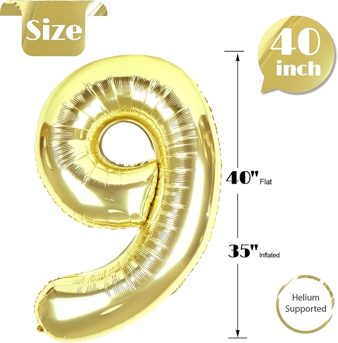 Champagne Gold 9 Balloon, Number Balloons 40 Inch, Light Gold 9th Giant Birthday Decorations for Girls, 19th 29th Party Decorations Supplies, Number 9 Balloon