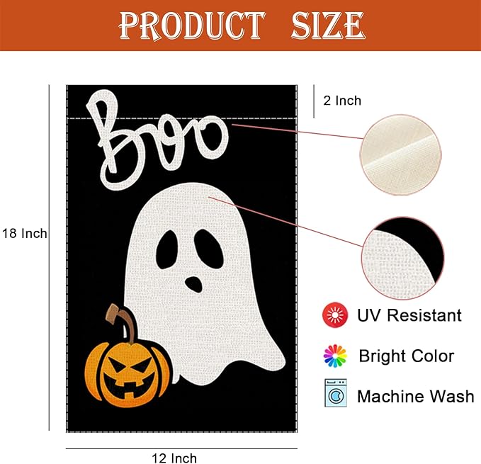 Halloween Garden Flag Ghost Welcome Small Flags for Outside, 12x18 Inch Spooky Boo Double Sided Burlap Holiday Fall Banner Yard Outdoor Decoration