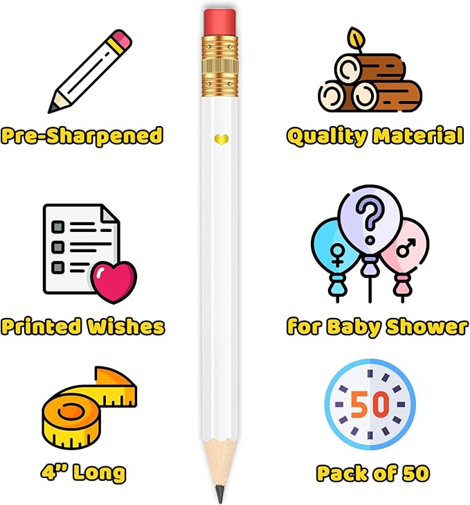 50Pcs - Baby Shower Sharpened Half Pencils with Erasers, Pre-sharpened Pencils for Baby Shower Games, 4 Inches