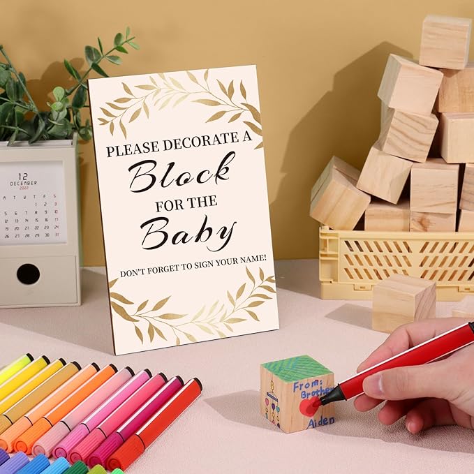 Baby Shower Games Sign Kit with 50 Blank Wooden Baby Blocks, 24 Acrylic Paint Marker and Wooden Sign, Blocks for Baby Shower Games, Gender Reveals Party(Gold)