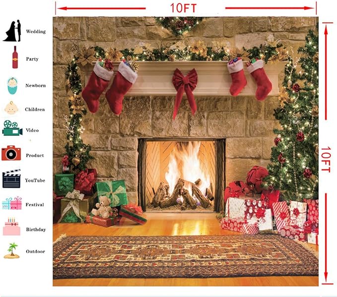 CYLYH 10x10ft Christmas Backdrops Christmas Fireplace Theme Backdrop Tree Sock Decorations for Xmas Party Supplies Photo Background Pictures Banner