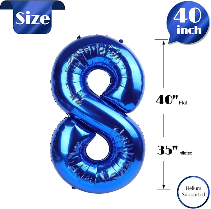 Navy Blue 8 Balloon, Number Balloon 40 Inch, Blue Birthday Decorations, 8 18 28 38 80 Birthday Balloons, 8th Party Supplies, Number 8 Balloon