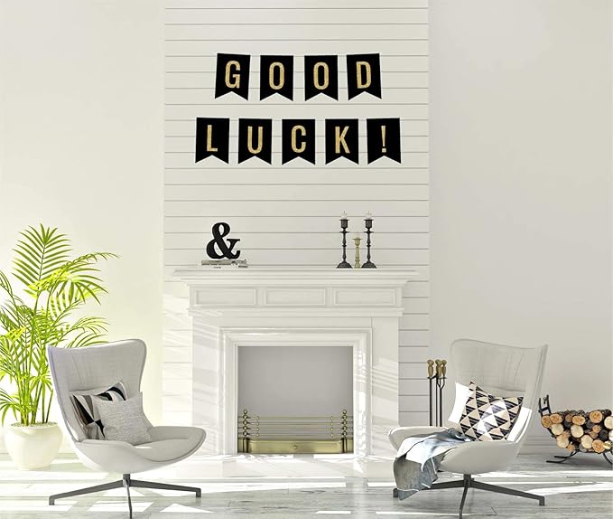 Andaz Press Faux Gold Glitter on Black Retirement Party Banner Decorations, Good Luck!, Approx 5-Feet, 1-Set, Birthday Wedding Baby Shower Colored Hanging Pennant Decor