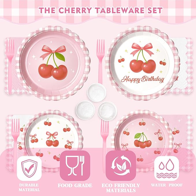 Pink Bow Cherry Birthday Party Supplies - 300 Pcs Disposable Dinnerware Set Serves 50 - Includes Paper Plates, Napkins, Cups, Straws, Forks - Coquette Aesthetic Party Decorations for Girls Women