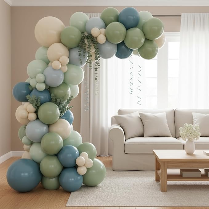 Sage Green Dusty Blue Balloons, 60Pcs 12 Inch Sage green Dusty blue Light Green Blue Sand White Balloons for Boho Baby Shower Bridal Shower Gender Reveal Anniversary Birthday Party Decorations