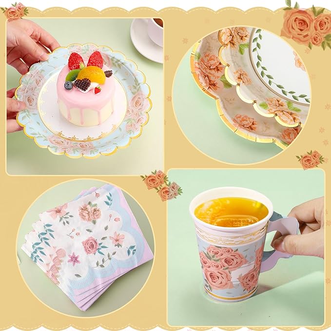 Yungyan 108 Pcs Tea Party Plates and Napkins Sets Serve 36 Guests Floral Disposable Tea Party Supplies Paper 6" Plates and Napkins and 9 oz Cups with Handle for Garden Spring Birthday Wedding