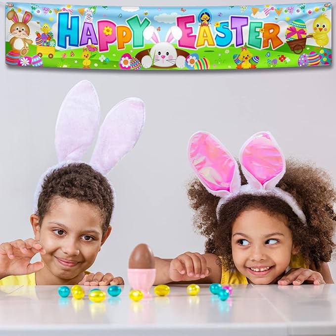 Easter Decorations Happy Easter Banner Traditional Easter Day Porch Banner Easter Yard Sign for Wall Yard Fence Spring Theme Party Indoor Outdoor (Blue)