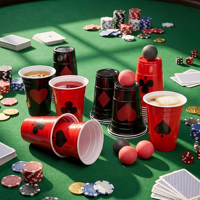 32 Pcs Party Game Supplies 16oz Red Black Plastic Cups with 8 Balls, Cups Set for Toss Games Supplies Birthday Game Night Decoration