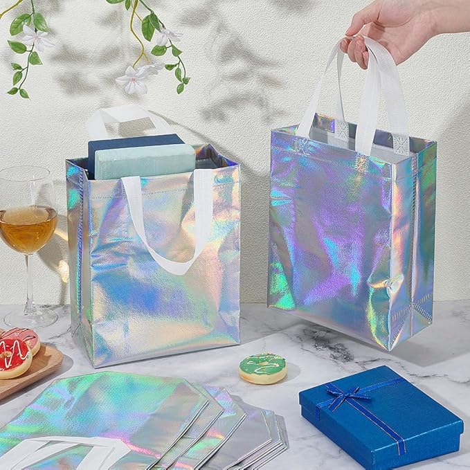 CUTHOLLOW 18 Pcs Iridescent Reusable Gift Bags with Handles for Party Favor, Bulk Non-woven Holographic Goodie Bags with Sturdy Base - Small Medium Christmas Birthday Wedding Gift Bags for Women Girl