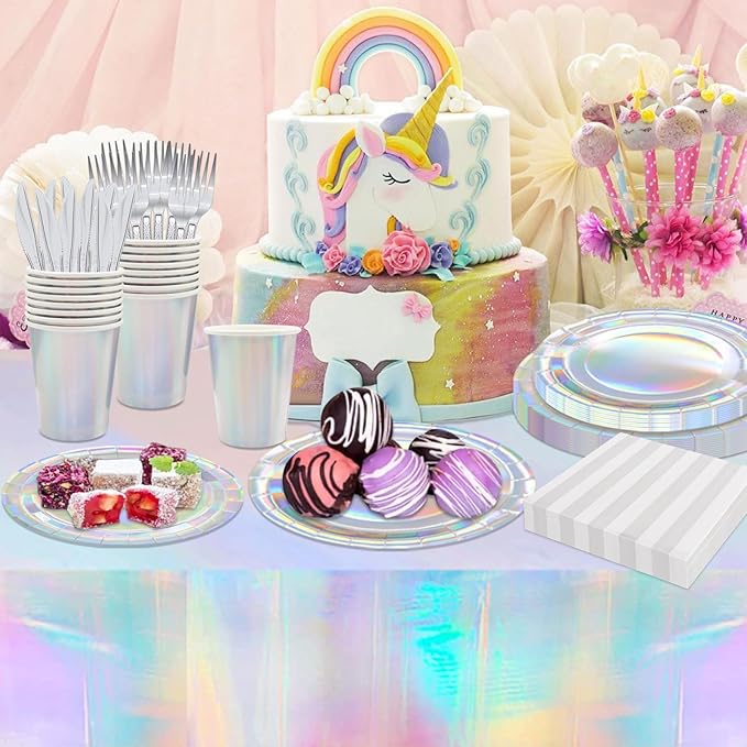 146pcs Iridescent Party Supplies Iridescent Party Tableware Sets Serve 24 Guests Includes Holographic Paper Plates Cups Napkins Forks for Baby Bridal shower Mermaid Birthday Party