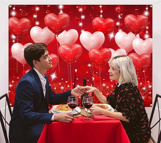 Red Hearts Balloons Anniversary Backdrop Banner Romantic Love Theme Photography Background for Anniversary Engagement Wedding Bridal Shower Couples Date Night Party Decorations 8x6ft（96x72 Inch）