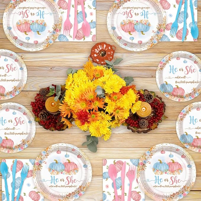 194 PCS Pumpkin Gender Reveal Decorations Pumpkin Paper Plates Cups and Napkins Sets He or She Baby Gender Reveal Party Supplies Disposable Tableware Set with Tablecloth Serves 24 Guests