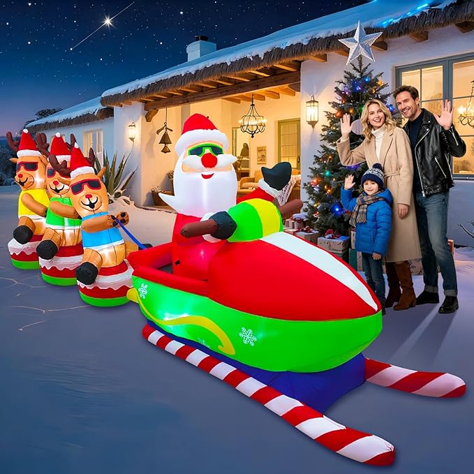 EAONE 12FT Christmas Inflatables Outdoor Decorations, Giant Blow ups Yard Decoration Inflatable Santa Claus Drive Sleight with 3 Reindeers, with Built-in LEDs for Indoor Outdoor Home Holiday Decor