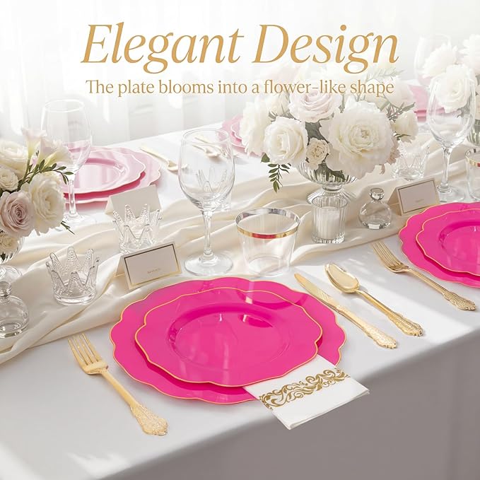 NOCCUR 175PCS Hot Pink Plastic Plates with Gold Disposable Silverware - Include 50 Hot Pink Plates,25 Knives,25 Forks,25 Spoons,25 Cups and 25 Napkins - Ideal for Party/Easter Day