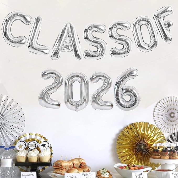 TONIFUL Silver Class of 2026 Graduation Balloon Banners Foil Balloons Decorations 2026 Congrats Grad Balloons for Class of 2026 Congratulation Graduations Party Supplies