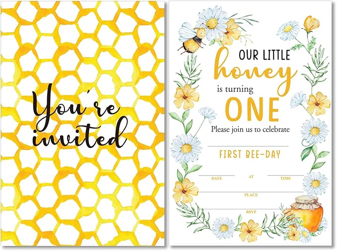 Soiceu Cute Bee-Day Bee 1st Birthday Invitations with Envelopes Set of 20 Watercolors Beehive Bee 1 Year Old First Birthday Party Invites