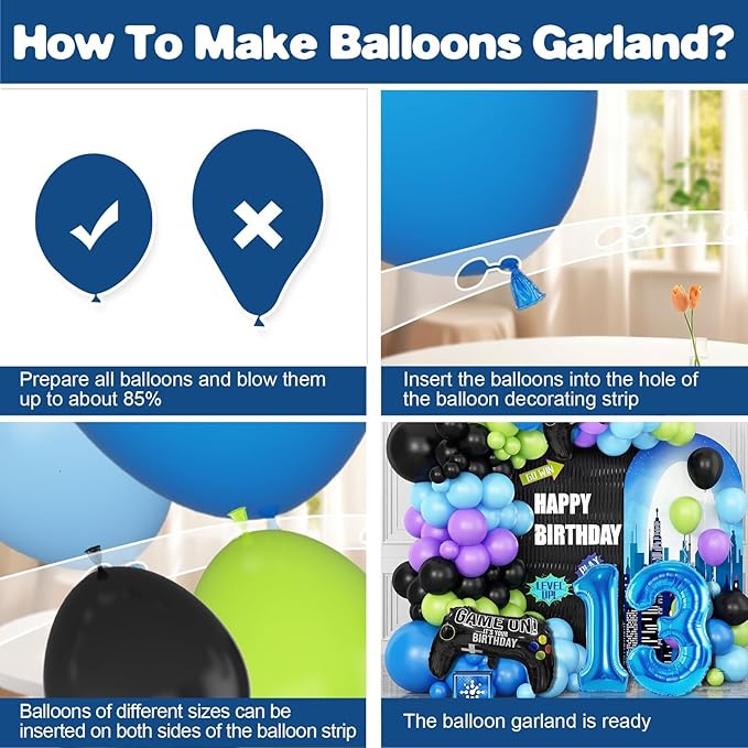 13th Video Game Balloons Arch, 13th Game Party Balloons Garland Kit 13th Birthday Supplies with Blue Number 13 Foil Balloons for 13 Year Old Teens Boys Decor