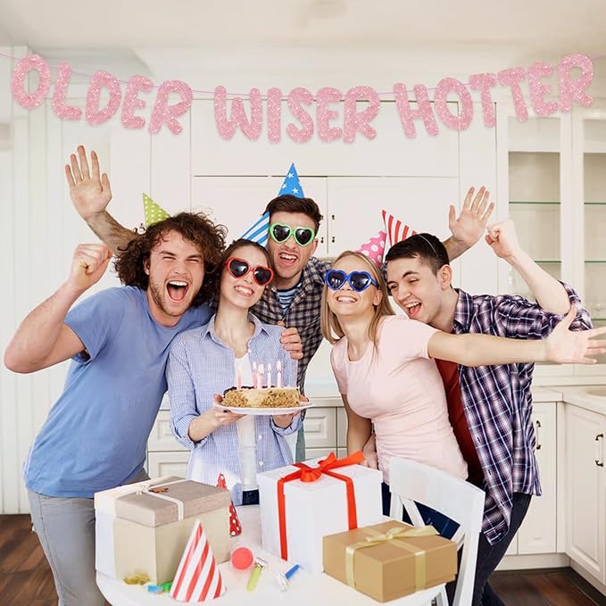 Pre-Strung Happy Birthday Banner Birthday Sign NO DIY Glitter Older Wiser Hotter Banner for Women Men 30th 40th 50th 60th 70th 80th Funny Birthday Decorations (Rose Gold)