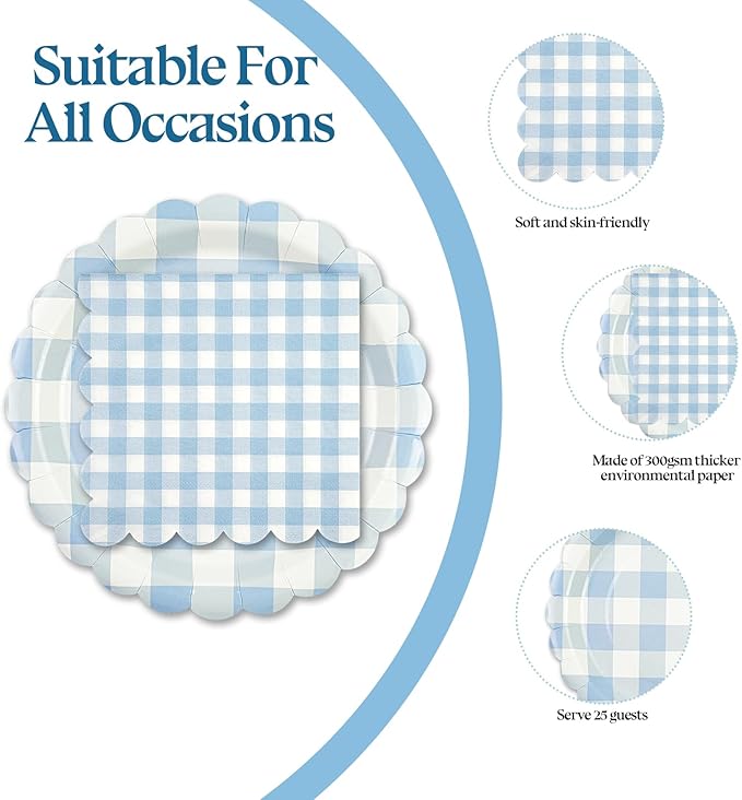 50PCS Light Blue Gingham Party Supplies - 7Inch Blue Scalloped Dessert Paper Plates and Napkins Set Disposable Plaid Dinner Party Set Cutlery for Baby Shower Birthday Wedding, Serve 25