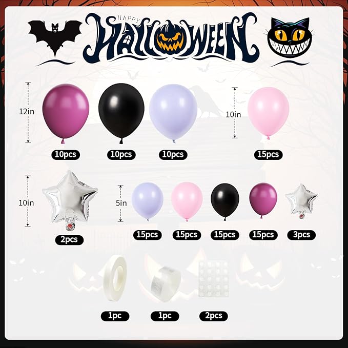 Halloween Balloons Garland Kit, Black Wine Red Balloons Arch Kit with Spider Bat Pumpkin Skull Foil Balloon, Pink Purple Macaron Balloons with 3D Fake Bats For Halloween Party Home Garden Decorations