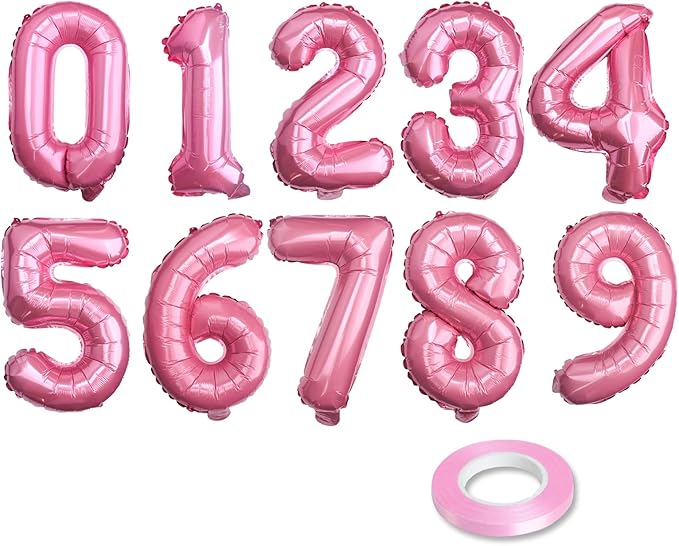 [10] 16" Number Pink Foil Balloons 0-9 set, Mylar Aluminum Hanging Numbers for Valentine's day Romance Mother's day Wedding Graduation Birthday Party Decorations Christmas New Year eve (10 Pcs)