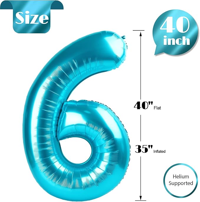 Light Blue Number 6 Balloon 40 Inch, 6th Birthday Party Decorations for Children, Giant 6 Foil Balloon for Party Supplies