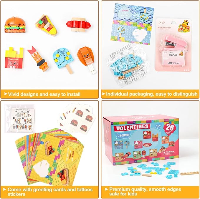 Valentine's Day Cards for Kids - 28 PCS Dessert Block Valentines Day Gifts, Cards with 7 Designs Block Set for School Exchange, Party Favors