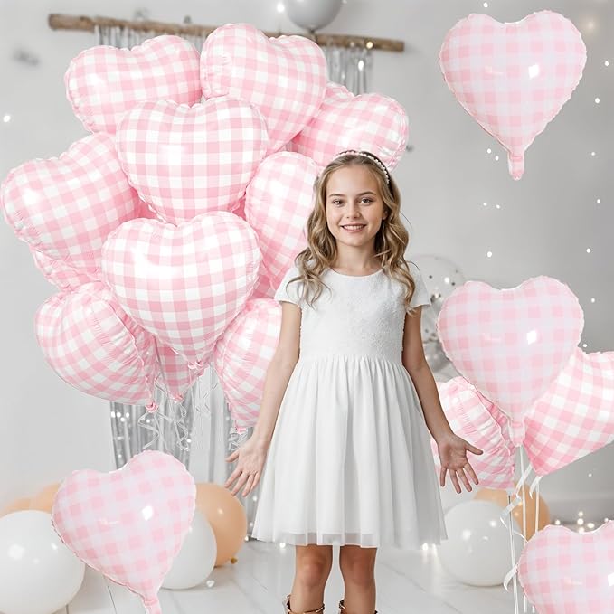 Pink White Checkered Heart Balloons, 10 Pcs Light Pink Grid Heart Shape Balloon, 18 Inch Lattice Foil Valentines Balloons for Kids Girls Birthday Wedding Valentines Bridal Baby Shower Party Decoration